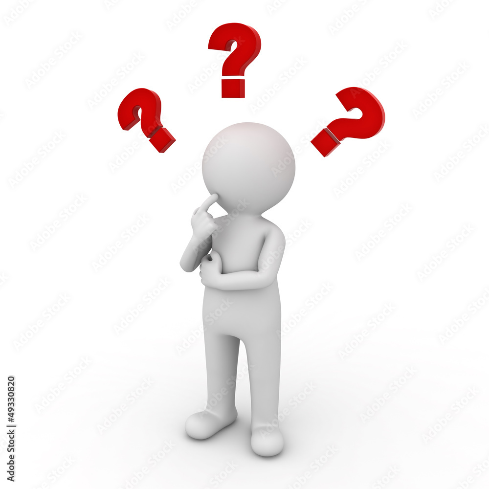 Poster 3d man thinking with red question marks over white
