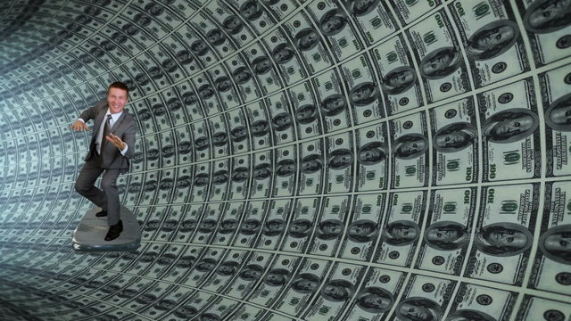 Businessman Surfing inside a Tube of US Dollars