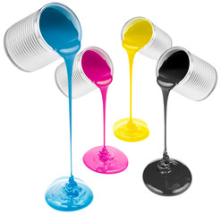 cmyk pouring paints from cans isolated on white