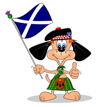 Cartoon Dog In A Kilt With The Flag Of Scotland