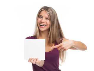 Naklejka premium Beautiful woman showing blank signboard