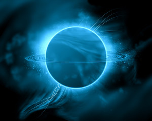 Fantasy space scene with planet and nebula.