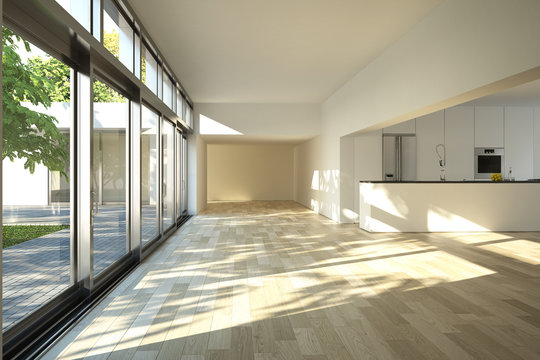 Contemporary minimal house interior with kitchen garden view
