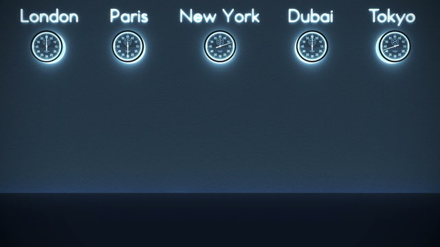 World Clocks Background in Dark Room with space for text, loop