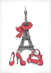 Poster Im Rahmen Eiffelturm, Schuhe und Handtasche © Aleksandra Smirnova