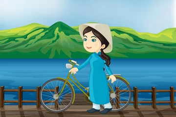Rolgordijnen Een meisje met fiets op een bankje © GraphicsRF