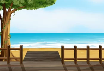 Poster Een houten bankje op een strand © GraphicsRF