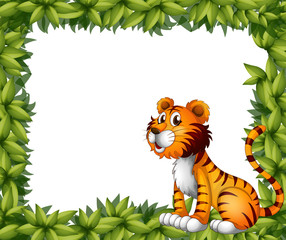 A tiger sitting in a leafy frame