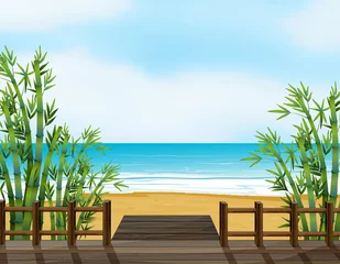 Fotobehang Een houten bankje op een strand © GraphicsRF