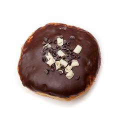 Chocolate iced donut on a white studio background.