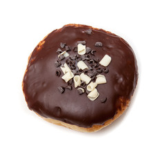 Chocolate iced donut on a white studio background.