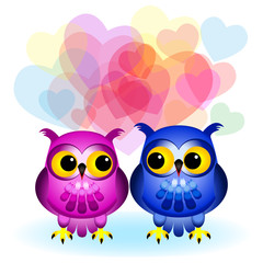 Cartoon owls in love on white