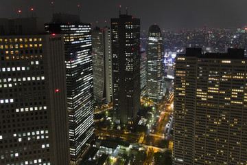 Downtown Tokyo by night aerial