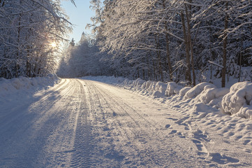 Obraz premium Winter snow road to wood in a sunny day