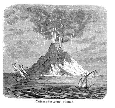 Aktive Vulkaninsel (Alte Lithographie)