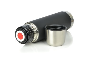 An unbreakable thermos flask on a white background