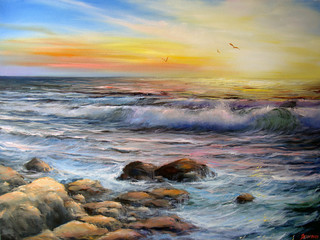 Seascape Surf  at sunrise - obrazy, fototapety, plakaty