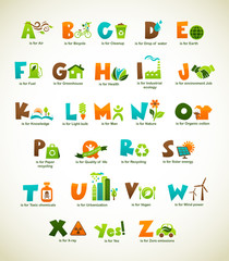 Ecology green alphabet with collection of vector elements