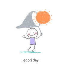 Man catches the sun. Illustration.