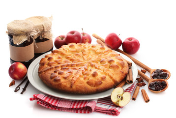 tasty homemade pie, apples and jam, isolated on white