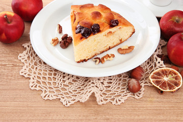 slice of tasty homemade pie with jam and apples,