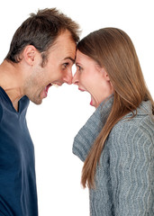 Young couple arguing and screaming at each other isolated