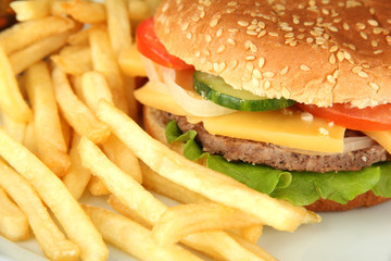 Tasty cheeseburger with fried potatoes, close up