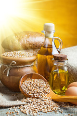 fresh bread and wheat on the wooden