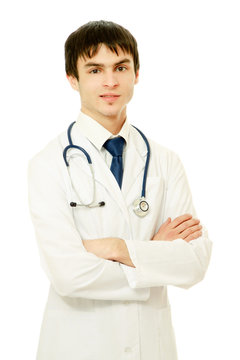 A portrait of a medical doctor posing against white background