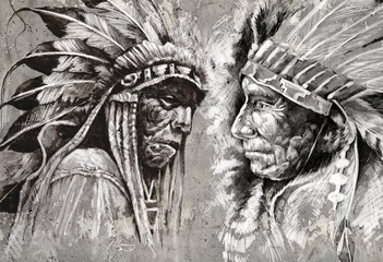Deurstickers Native american indian head, chief, retro stijl © Fernando Cortés