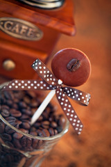 Chocolate coffee flavored lollipops, selective focus