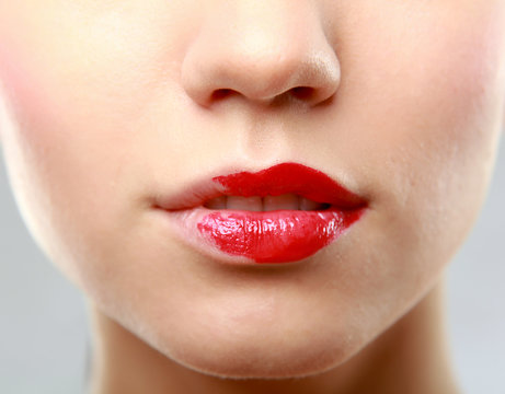 Woman red lips closeup