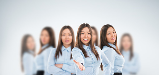 Universal worker concept: beautiful asian business woman standin