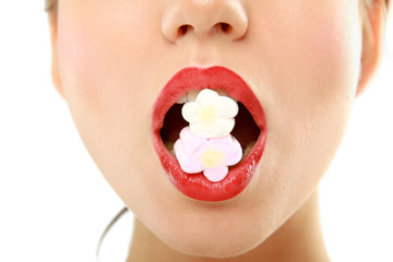 close up portrait of woman, holding candy in mouth