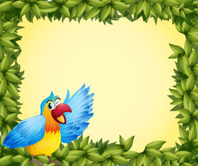 A colorful parrot and the green leafy frame