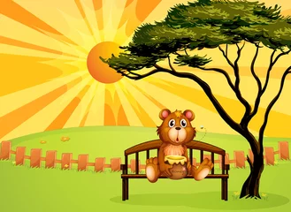 Fototapete Bären Ein Bär mit einem Topf Honig sitzt auf der Bank