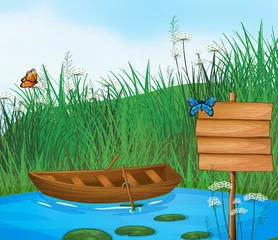Printed roller blinds Butterfly A wooden boat in the river