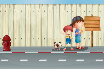Jungen mit ihren Haustieren auf der Straße