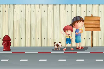  Jongens met hun huisdieren op straat © GraphicsRF