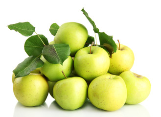 juicy apples with green leaves, isolated on white