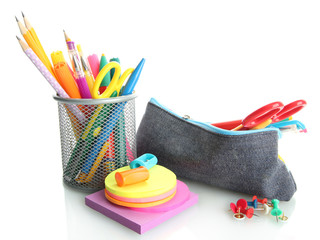 pencil box with school equipment isolated on white