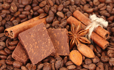 Chopped chocolate with cocoa, spices, on coffee beans