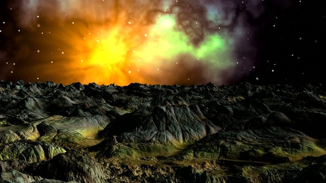 Bright nebula against a fantastic landscape