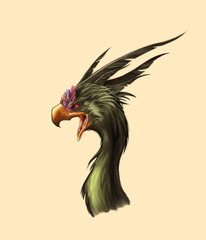 Obraz premium Diseño de perfil de fénix o ave de fantasía con plumaje verde oscuro y plumas de colores sobre fondo de color crema. Concept art, ilustración o arte digital de animal fantástico.