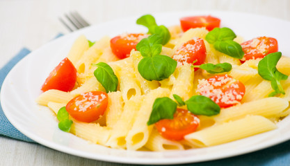 penne pasta with cheese, tomato and basil