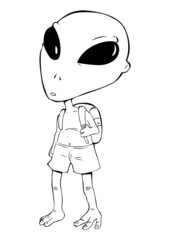 Outline illustration of an alien with a backpack
