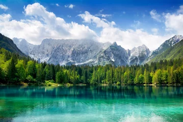 Fond de hotte en verre imprimé Lac / étang Lac turquoise avec forêt et montagnes