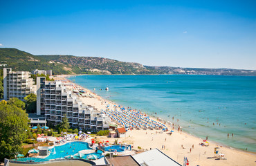 Panoramic view of Golden Sands beach in Bulgaria. - obrazy, fototapety, plakaty
