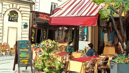 Papier Peint Lavable Café de rue dessiné Rue de paris - illustration