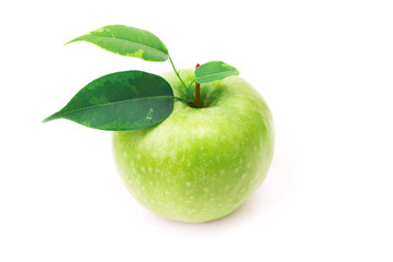 Fresh green apple with leaves